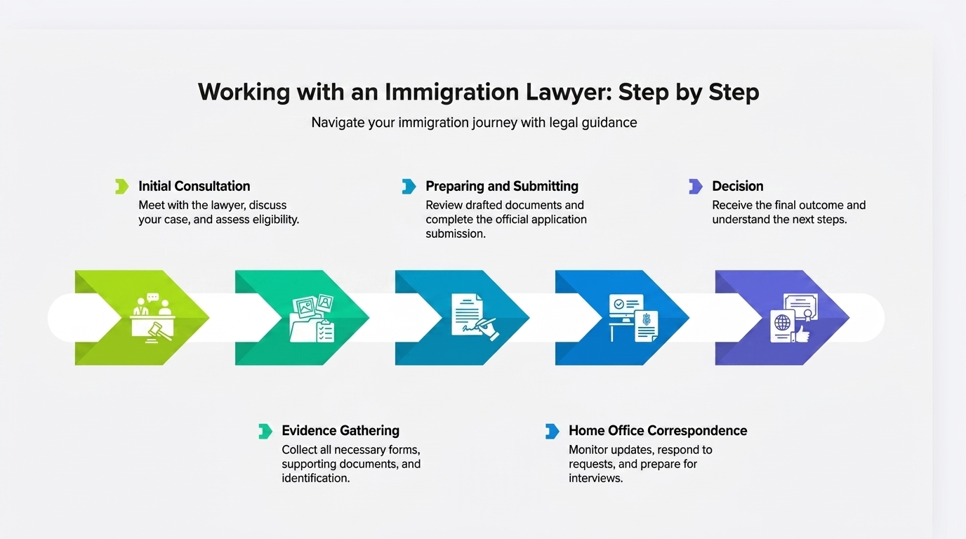 Infographic showing the step-by-step process of working with an immigration lawyer, from initial consultation and document preparation to application submission and final decision.
