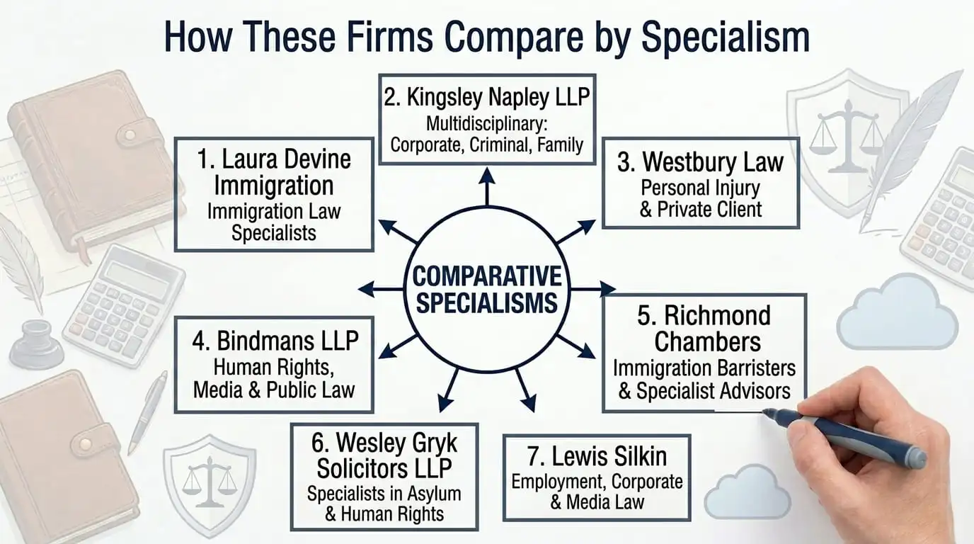 Comparison of leading UK law firms by legal specialism, including immigration, human rights and private client services.